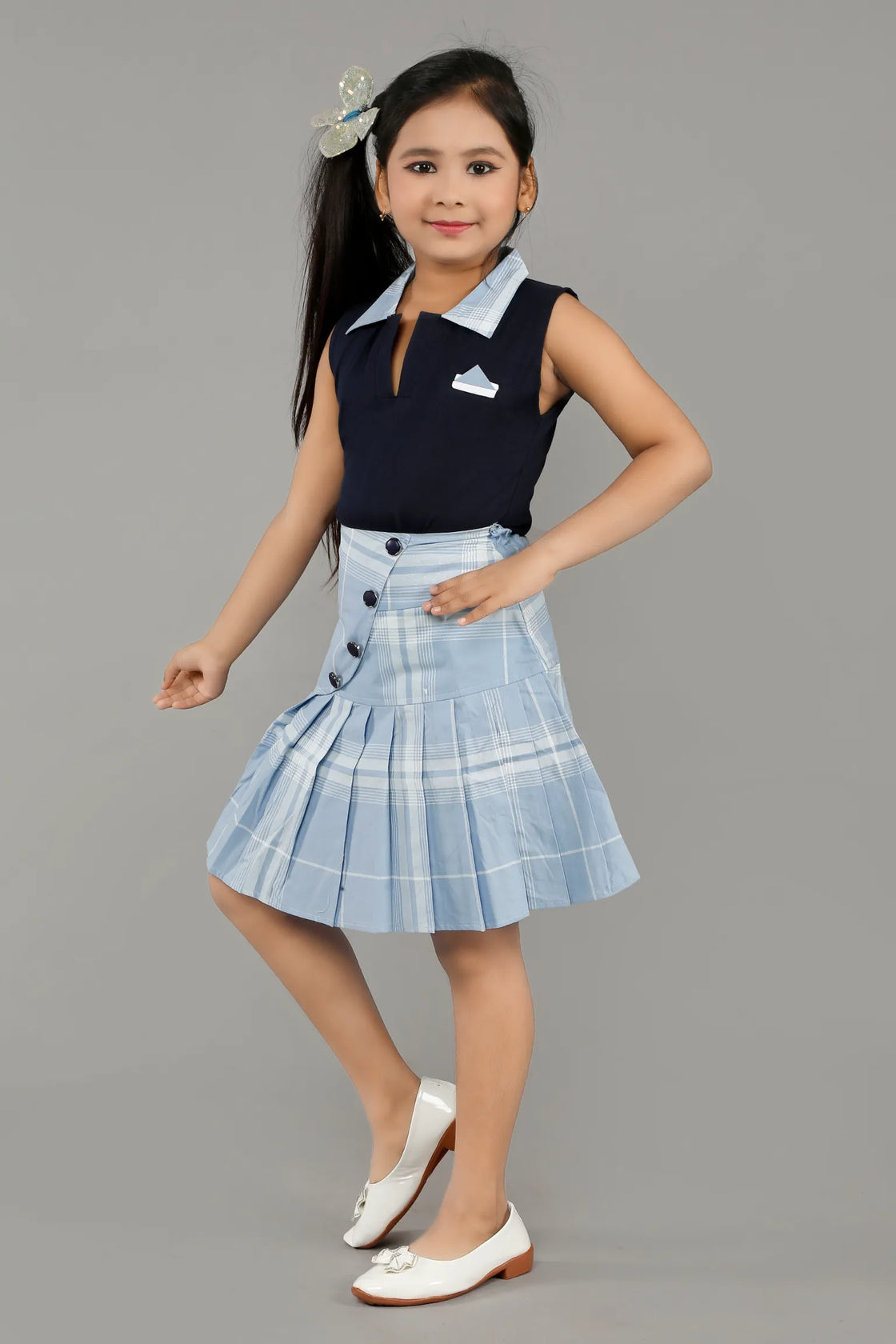 Eurynome Kidswear Girls – Signature Long Skirt Set, Smart Collared Top, Extended Flap Skirt, Unique Modern Silhouette, Designer Comfort Ages 3-6.