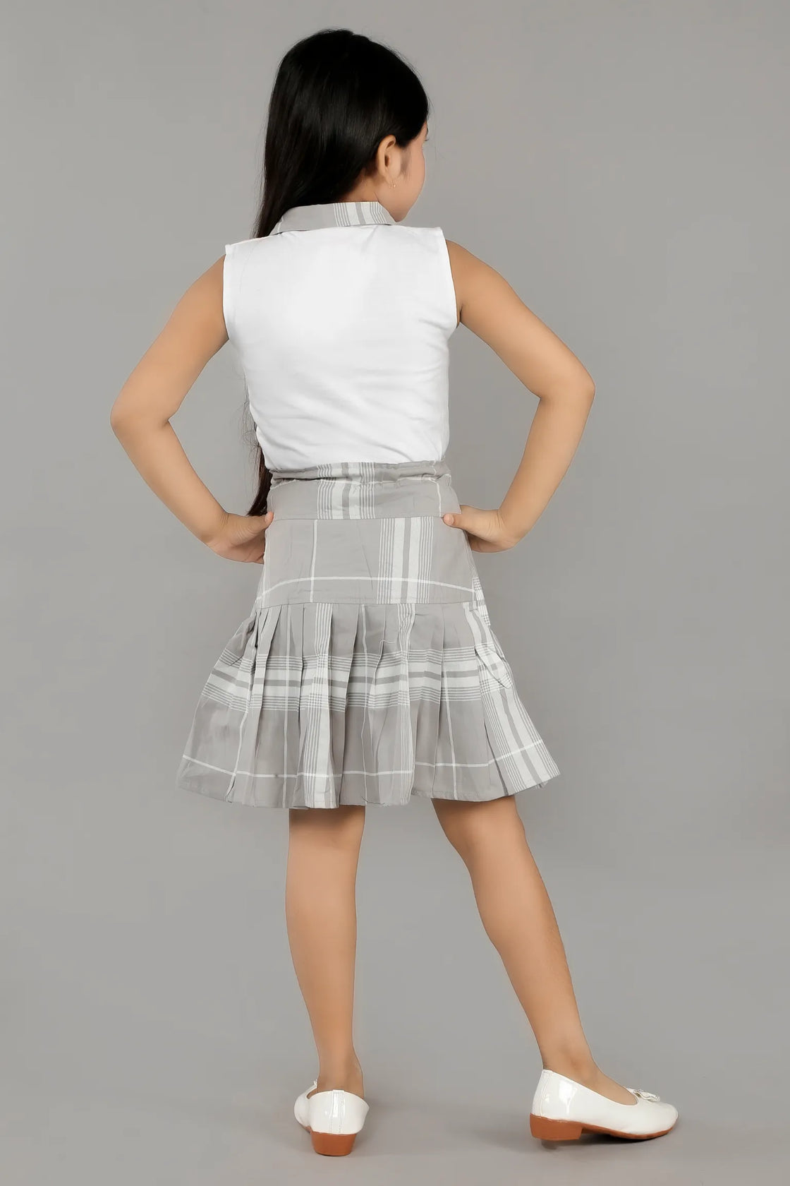 Eurynome Kidswear Girls – Signature Long Skirt Set, Smart Collared Top, Extended Flap Skirt, Unique Modern Silhouette, Designer Comfort Ages 3-6.