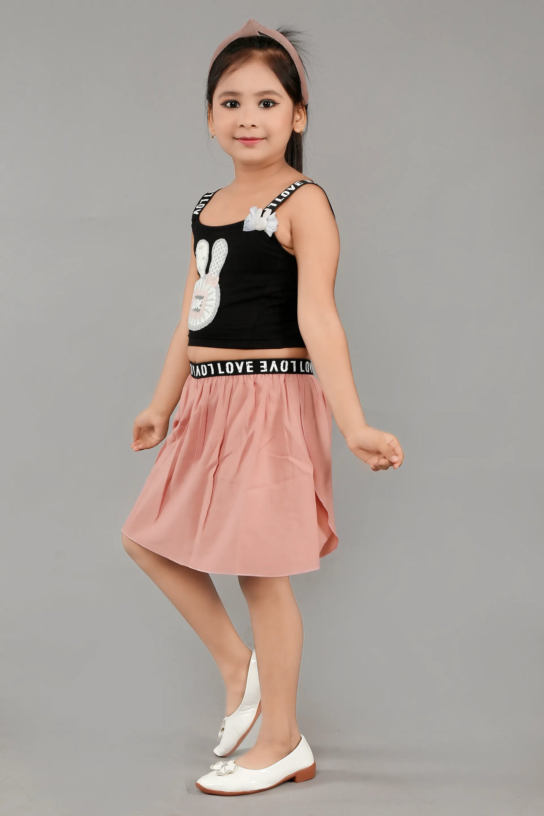 Eurynome Kidswear Girls – Teddy Crop Top & Skirt Set, Black Cotton Lycra Top with Handcrafted Bunny, Georgette Skirt, Elastic LOVE Lace, Trendy & Comfy Ages 3-6.
