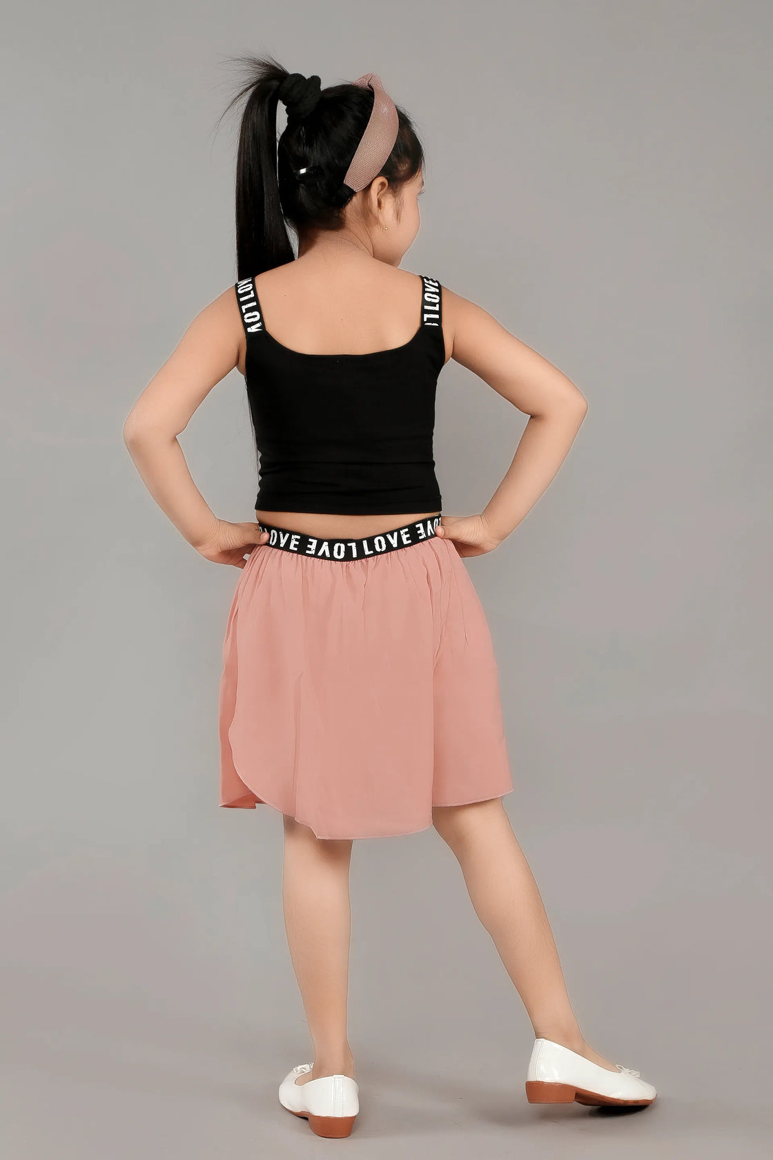 Eurynome Kidswear Girls – Teddy Crop Top & Skirt Set, Black Cotton Lycra Top with Handcrafted Bunny, Georgette Skirt, Elastic LOVE Lace, Trendy & Comfy Ages 3-6.