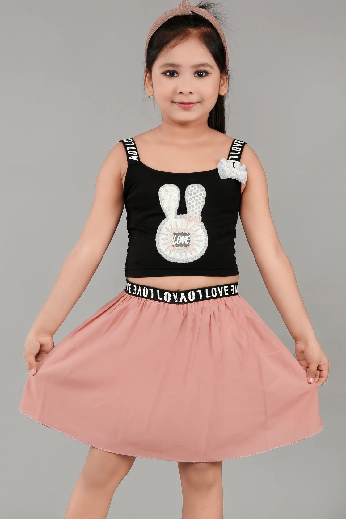 Eurynome Kidswear Girls – Teddy Crop Top & Skirt Set, Black Cotton Lycra Top with Handcrafted Bunny, Georgette Skirt, Elastic LOVE Lace, Trendy & Comfy Ages 3-6.