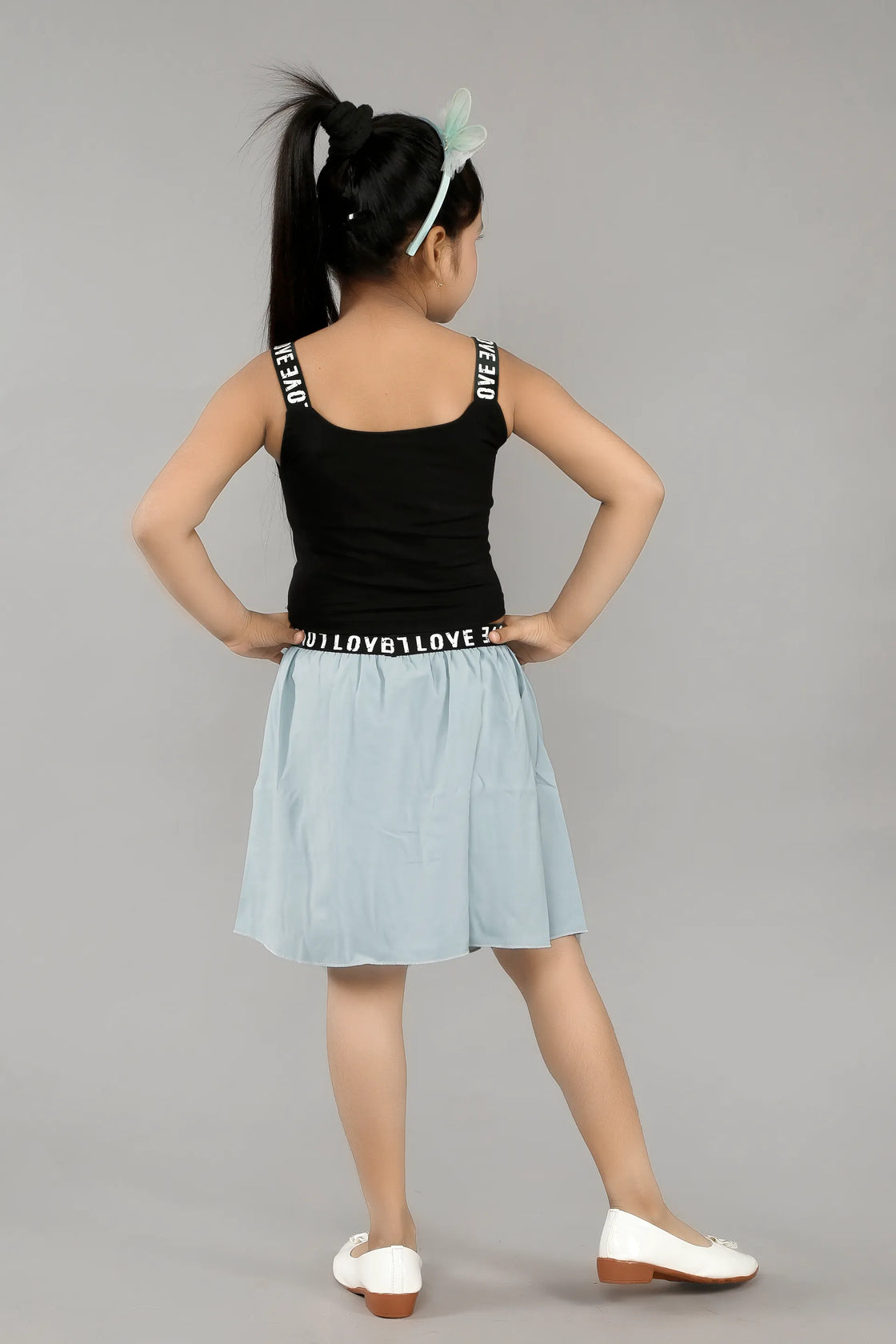 Eurynome Kidswear Girls – Teddy Crop Top & Skirt Set, Black Cotton Lycra Top with Handcrafted Bunny, Georgette Skirt, Elastic LOVE Lace, Trendy & Comfy Ages 3-6.