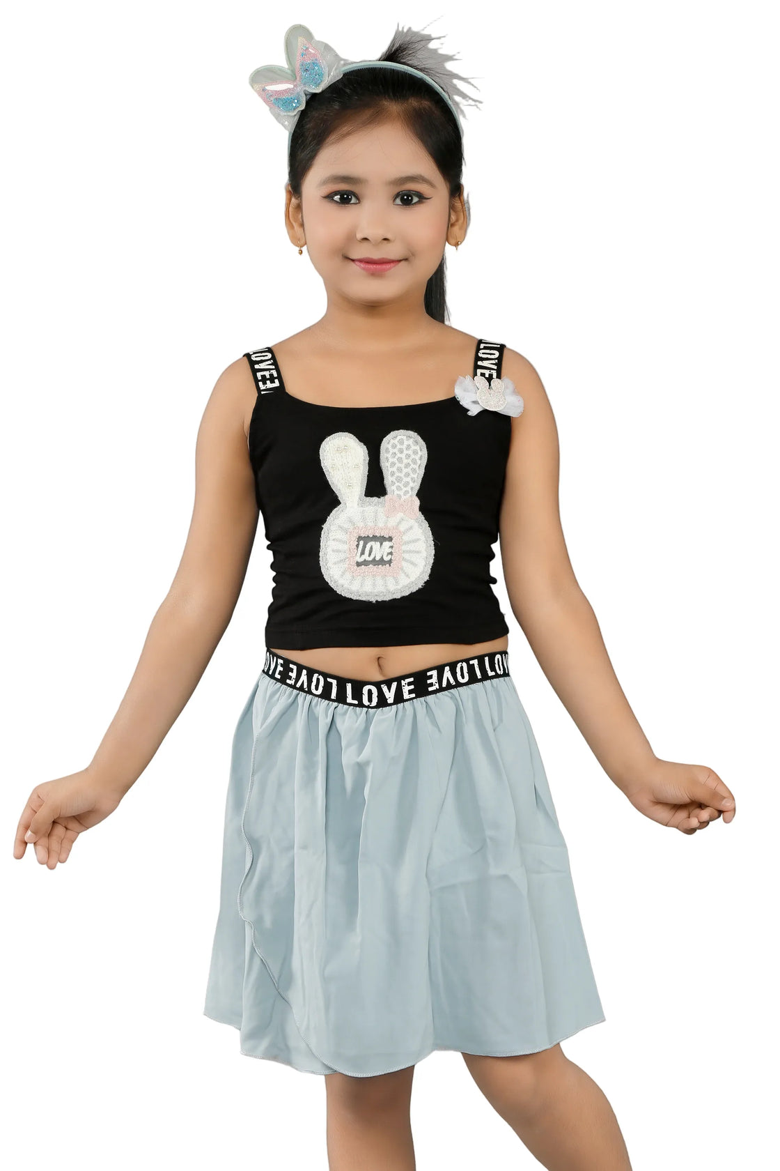 Eurynome Kidswear Girls – Teddy Crop Top & Skirt Set, Black Cotton Lycra Top with Handcrafted Bunny, Georgette Skirt, Elastic LOVE Lace, Trendy & Comfy Ages 3-6.
