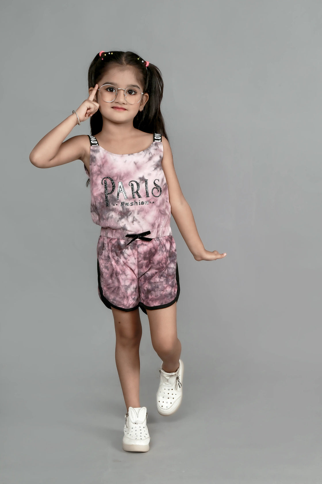 Eurynome Kidswear Girls – Tie Dye Paris Romper, Soft cotton, love lace straps, chic bow, adventure-ready fit. Ages 3-6