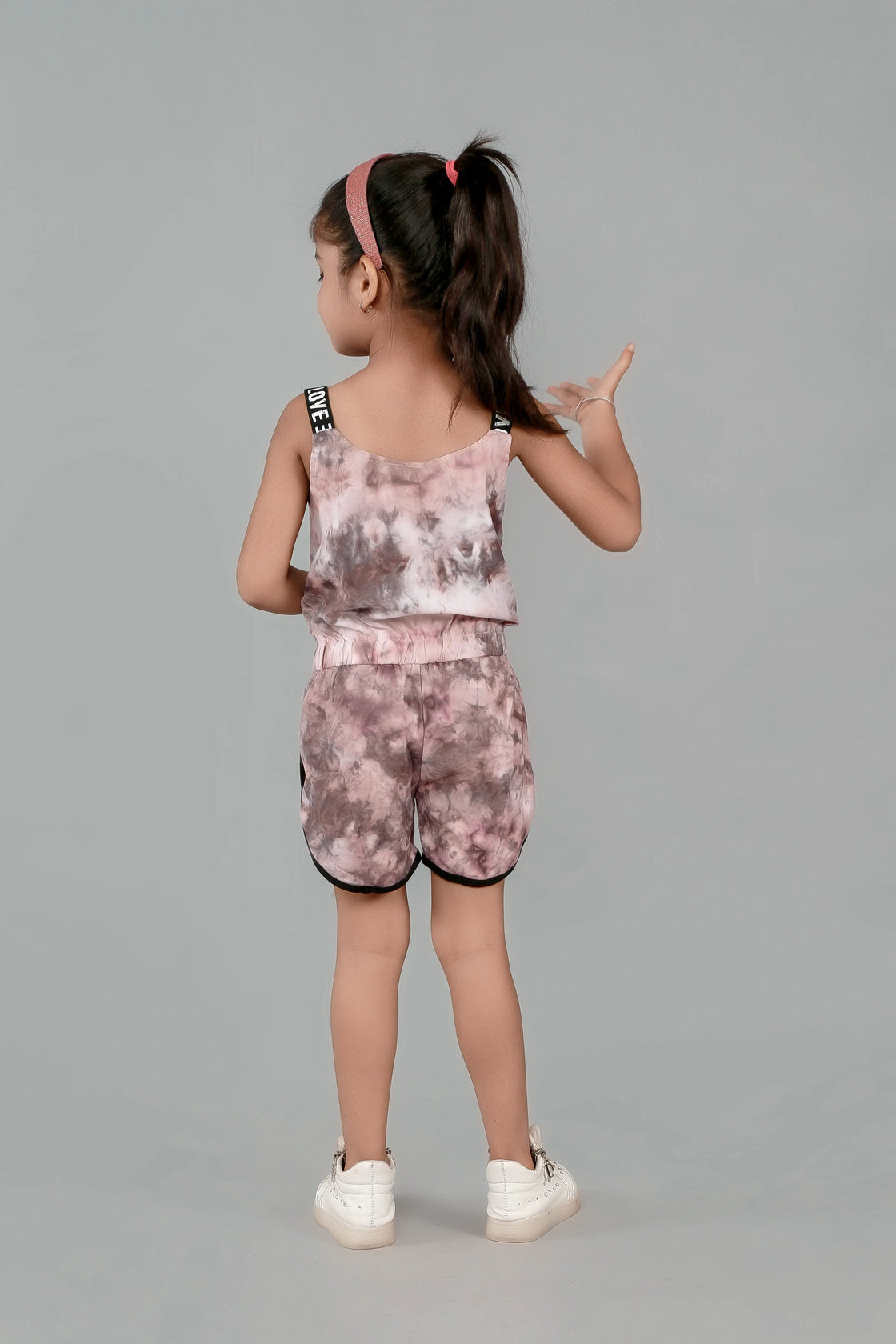 Eurynome Kidswear Girls – Tie Dye Paris Romper, Soft cotton, love lace straps, chic bow, adventure-ready fit. Ages 3-6
