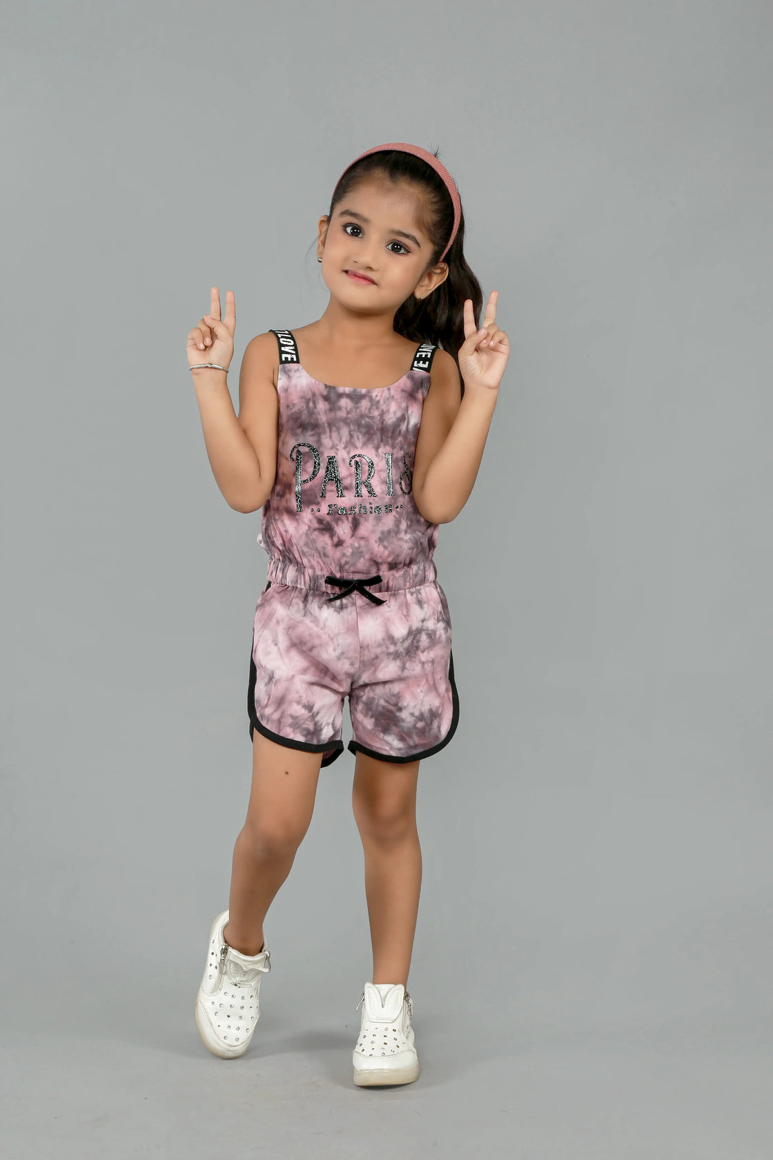 Eurynome Kidswear Girls – Tie Dye Paris Romper, Soft cotton, love lace straps, chic bow, adventure-ready fit. Ages 3-6