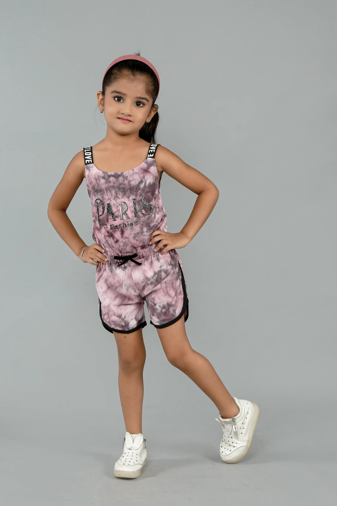 Eurynome Kidswear Girls – Tie Dye Paris Romper, Soft cotton, love lace straps, chic bow, adventure-ready fit. Ages 3-6