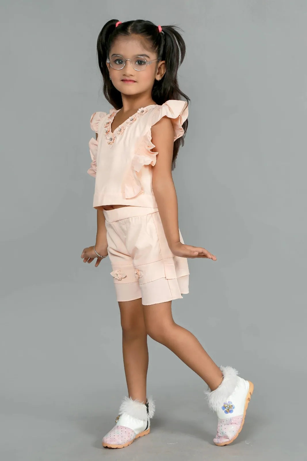 Eurynome Kidswear Girls – V-Style Floral Party Set, Handcrafted Flowers & Ruffle Top, Layered Chic Shorts, Luxe Chiffon Comfort, Ages 3-6